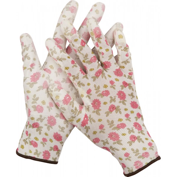 Перчатки GRINDA садовые, прозрачное PU покрытие, 13 класс вязки, бело-розовые, размер S 11291-S